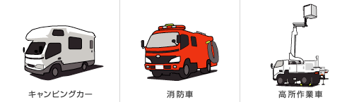 イラスト：キャンピングカー、消防車、高所作業車