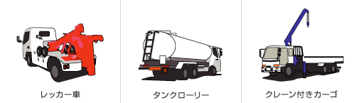 イラスト：レッカー車、タンクローリー、クレーン付きカーゴ